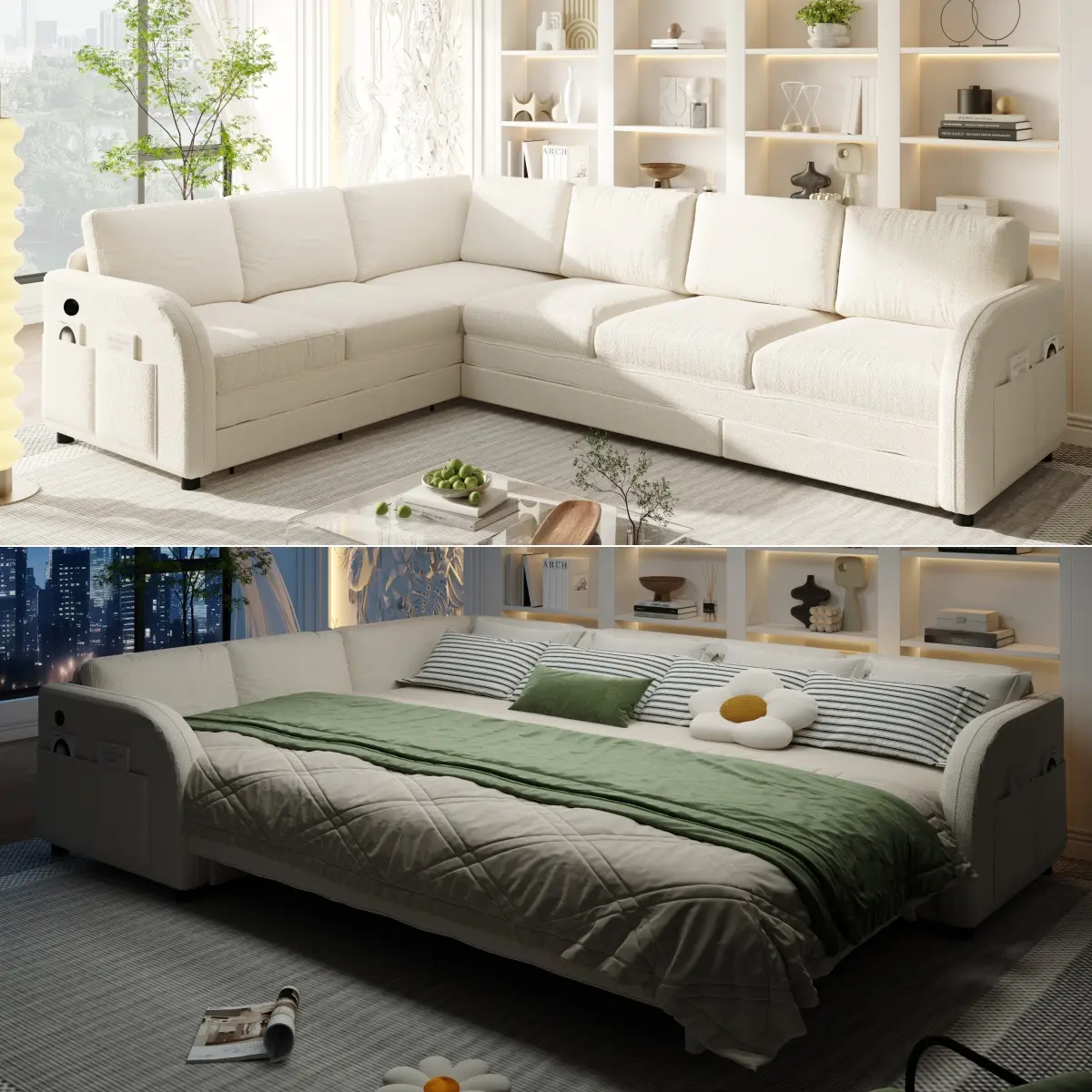 Nokaa 115.2" L-Shaped Sofa Couch with Pull-Out Bed, Oversize Convertible Sleeper Sofa with Side Pocket & USB Port, Sherpa Fleece Upholstered, Left/Right Facing, Beige/White, 6-Seat, Living Room Furniture