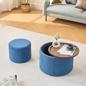 Set of 2 Blue Linen Nesting Round Storage Ottomans With Removable Wood Tray, Hidden Storage Compartment 396 LBS Capacity 4-in-1 Footstool Coffee Table Extra Seating Fully Assembled For Living Room Bedroom Dorm