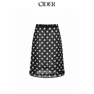 Cider Chiffon Polka Dot Sheer Lettuce Trim Mid Rise A-line Midi Skirt