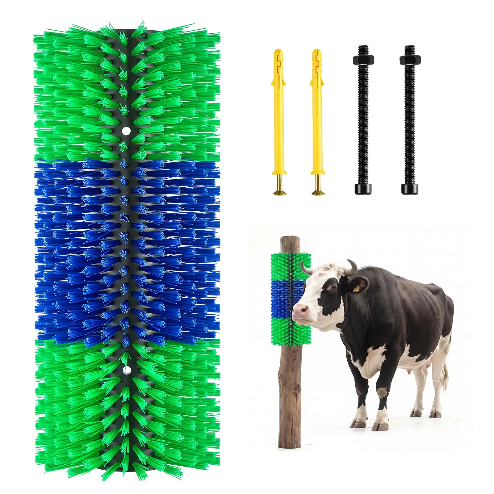 VEVOR Livestock Scratching Brush, 1PC Goat Scratcher Brush Post with 4 Screws, 16.9" x 7.5" Cow Scratcher for Back Itch Relief, Massage Grooming Scratch Tool for Horse Cattle Sheep Pig, Green Blue