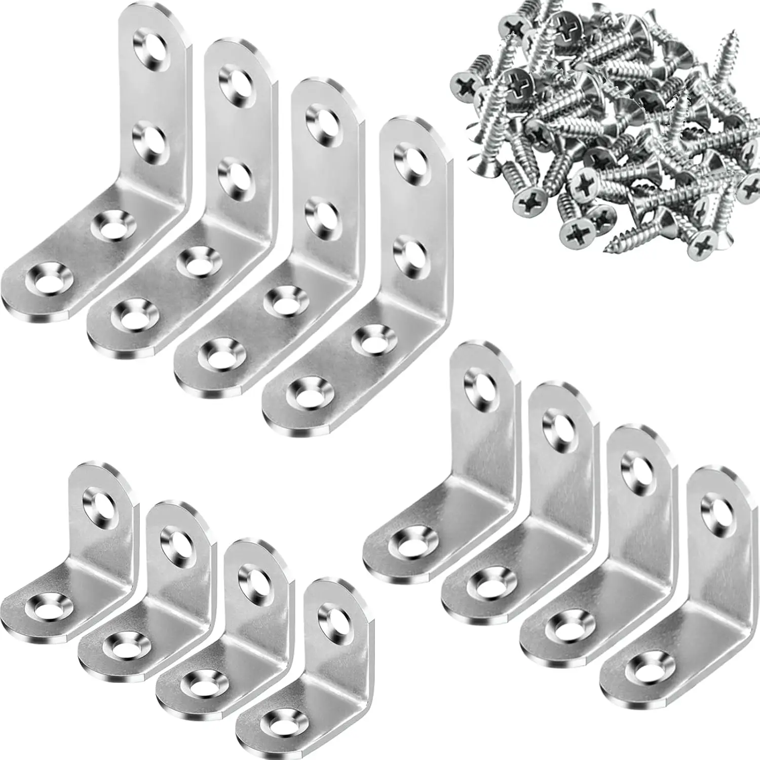 3 Sizes Stainless Steel Corner Braces L Bracket, 90  Joint Right Angle Bracket Furniture Fastener with Screws, 12 Sets
