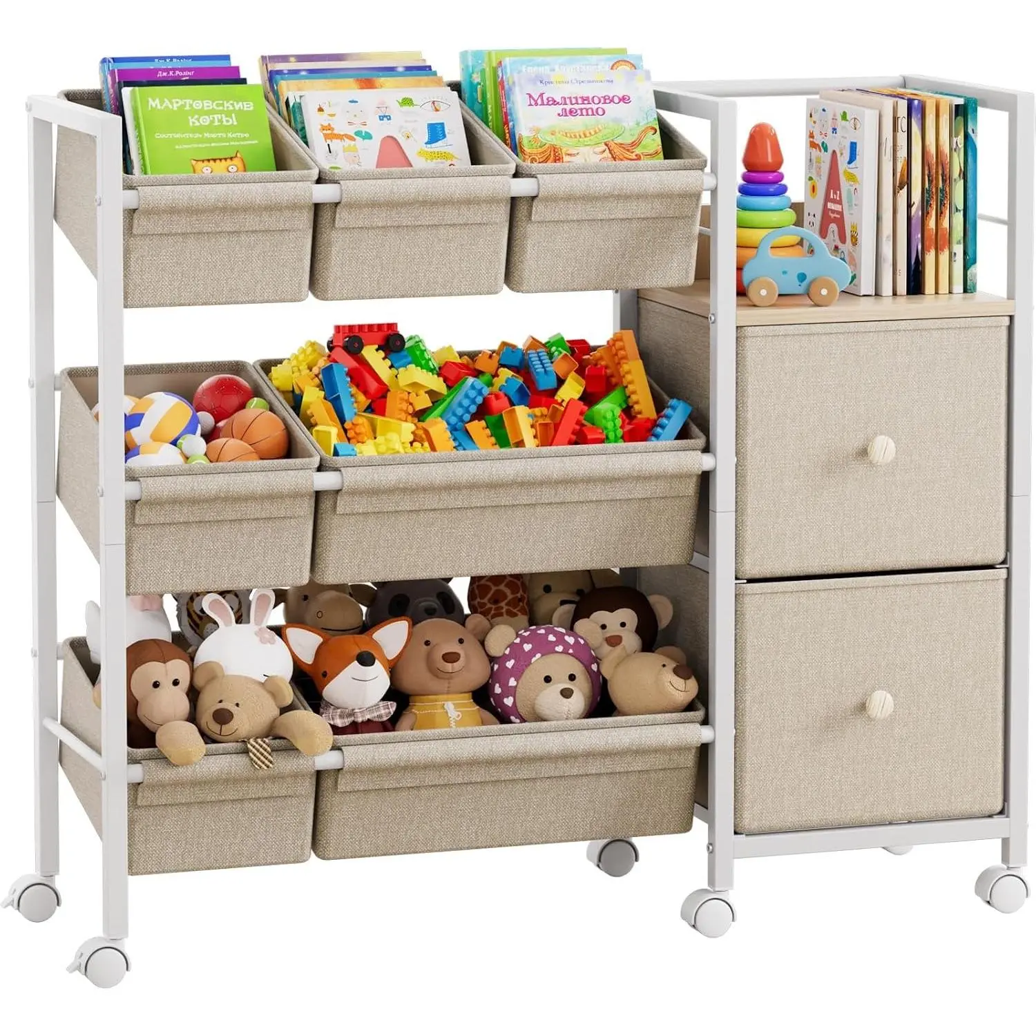 Kids Toy Organizers and Storage Bins - 7 Storage Bins + 2 Fabric Drawers + 1 Bookshelf, Playroom Storage, Mobile Cart Organizer for Toy, Clothes, Blankets and Books - Off White