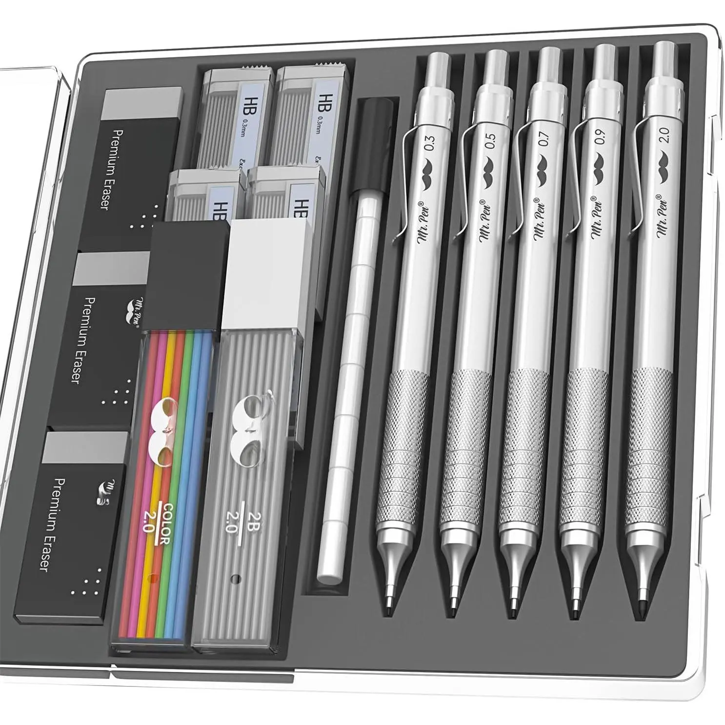 - Professional Metal Mechanical cil Set with Lead Refills & Erase | rs, 5 Pack, 5 Sizes, 0.3, 0.5, 0.7, 0.9 & 2mm, 6x Tubes HB, 2B & Colored Lead Refills for School Supplies, Drawing, Sketching