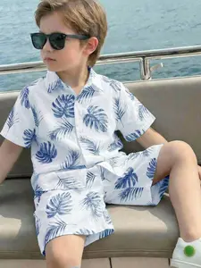 Boys' Tropical Plant Print Short Sleeve Shirt and Shorts Set, Casual Summer Beach Vacation Style, Comfortable Two-Piece