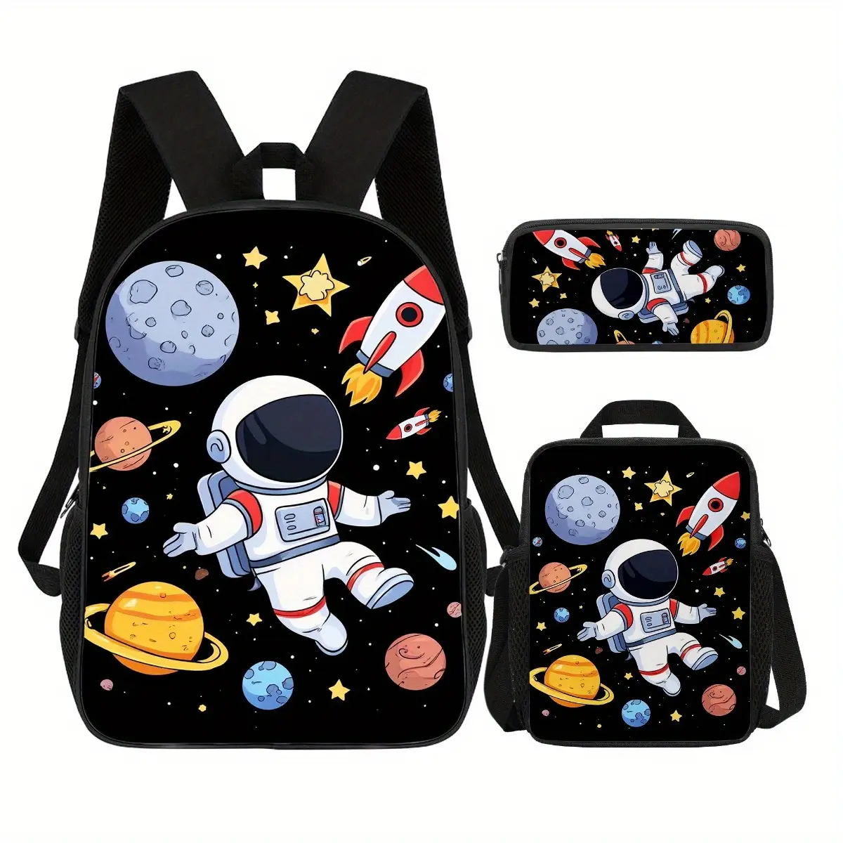 The Galaxy Astronaut Backpack 3-Piece Set, complete with a matching lunch bag and pencil case, is durable and suitable for travel, camping, gift exchange, or everyday use. It's the perfect choice for space enthusiasts who love starry designs.