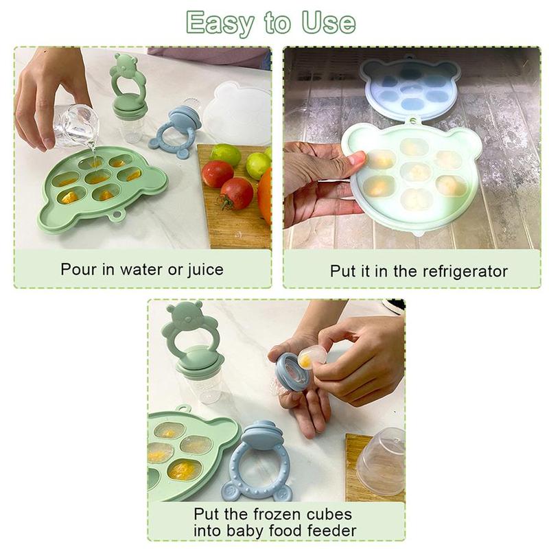 Bear Design Silicone Baby Feeding Set, 11-Piece Baby Dinnerware Set with Bowl, Spoon, Fork, Bib, Straw Cup, Snack Cup and Ice Cube Box, Cutlery Utensil Sets