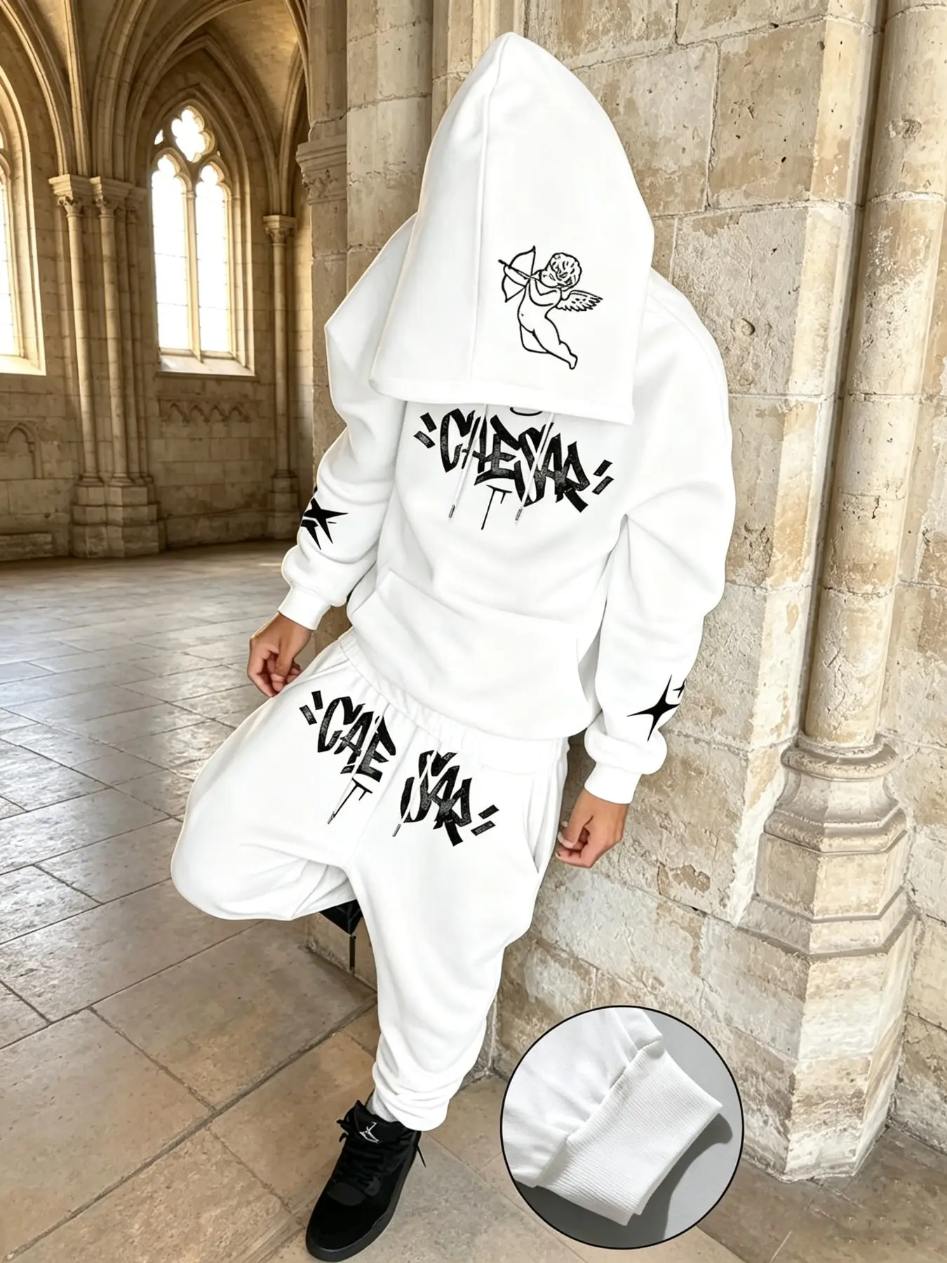 Men's Two-Piece Sports Set, Graffiti Letter and Angel Pattern Print Loose Hoodie + Jogger Pants, Streetwear for Fall & Winter