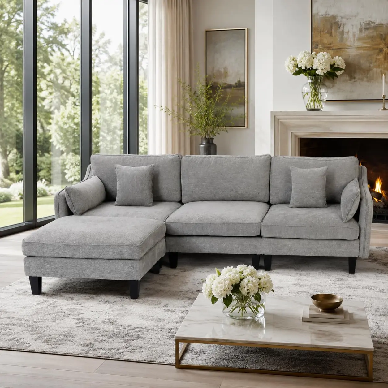 Garvee Modular Sectional Sofa with Ottoman in Deep Seat Chenille Upholstery, Available in 107 and 146 Sizes, Designed for Comfort and Versatility in Modern Living Spaces