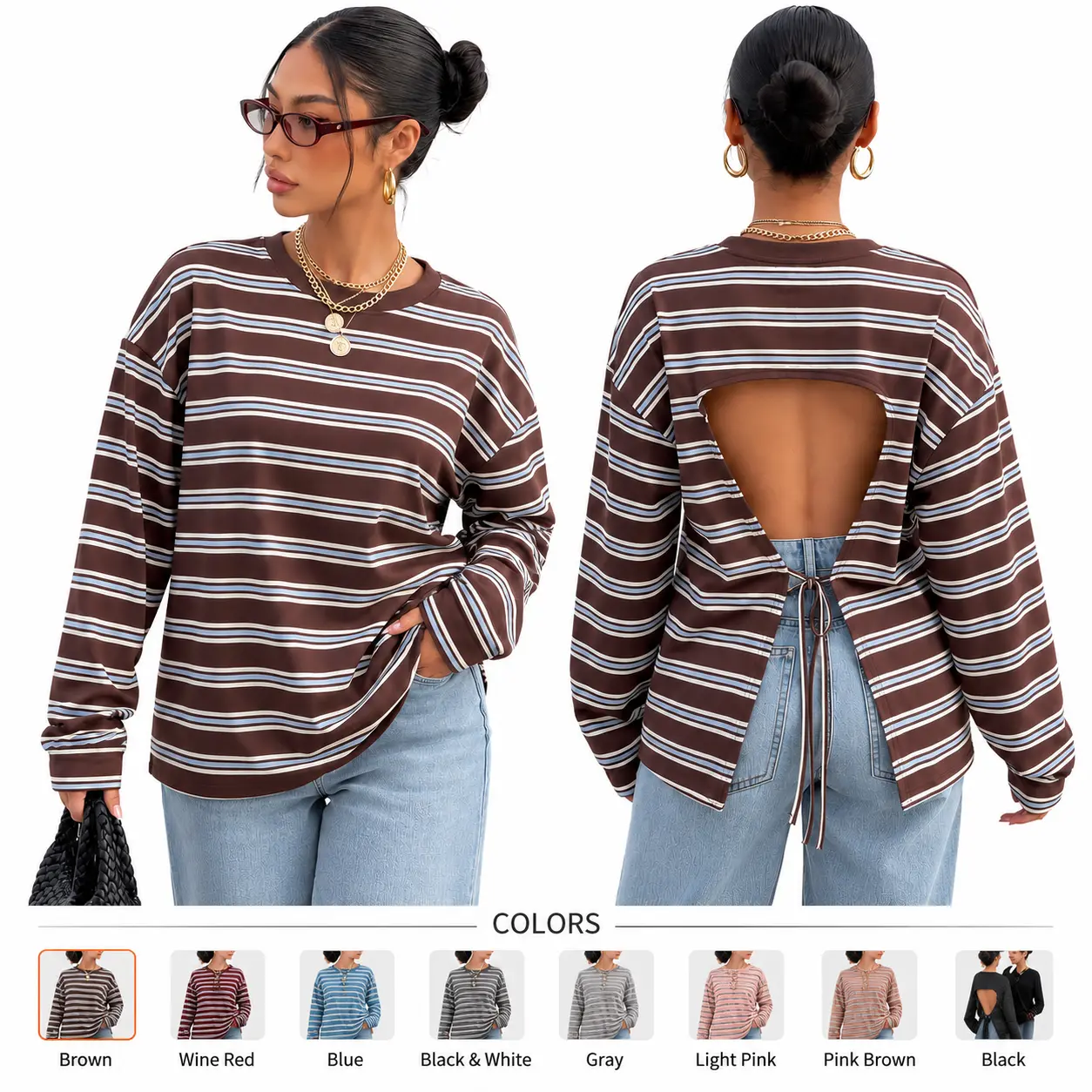 Women's Brown Striped Long-Sleeve Statement Blouse - Adjustable Cutout Open-Back, Drawstring, Comfortable Loose-Fit Crew Neck, Cargo Style Everyday Trending Clothes Casual Pullover Top