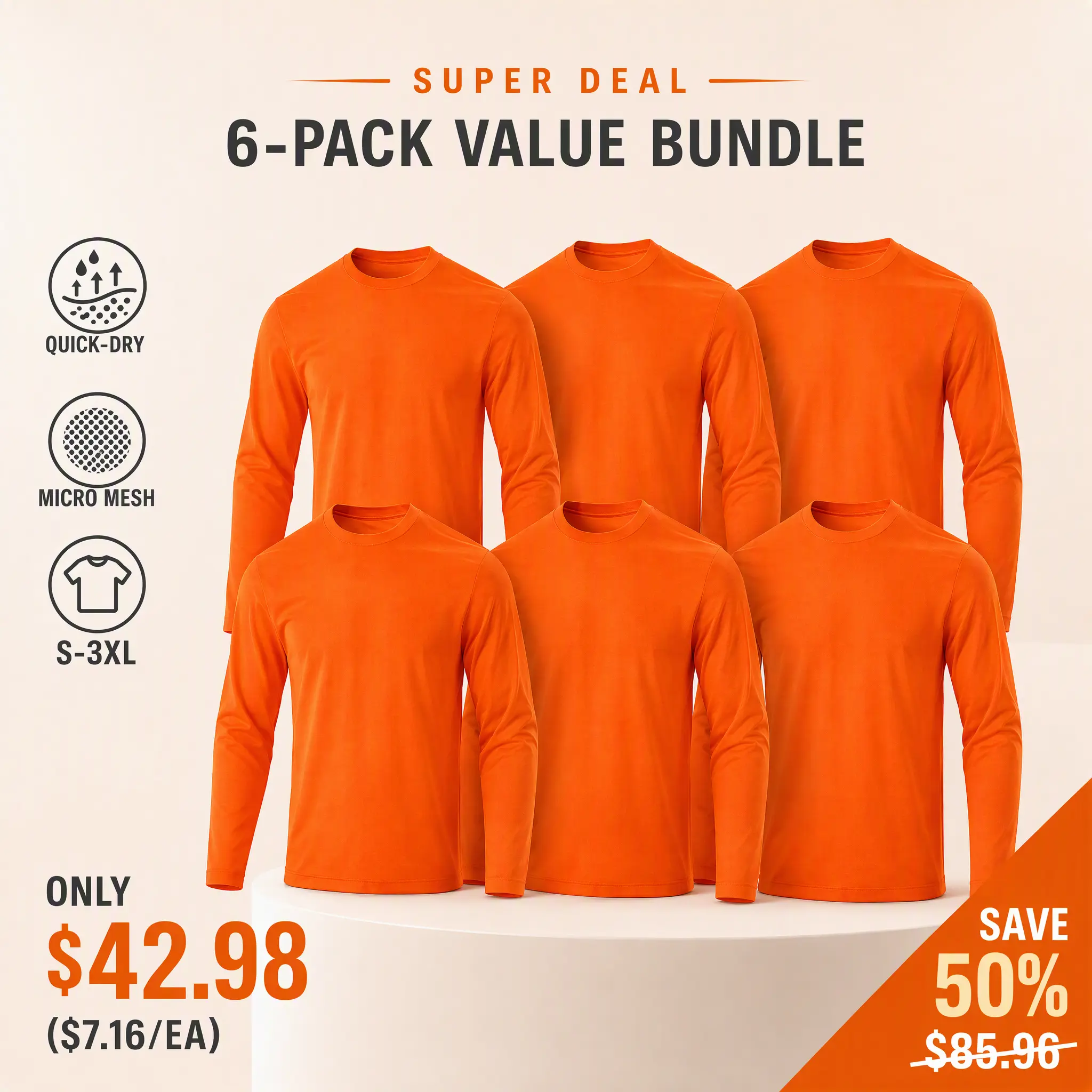 $42.98 6-Pack Men's Performance Long Sleeve Crew Neck T-Shirt, Quick Dry Micro Mesh Breathable Work Shirts for Construction Crew, Outdoor Workers & Team Uniforms, Moisture Wicking Lightweight Athletic Tops, Multi Solid Colors, S-3XL