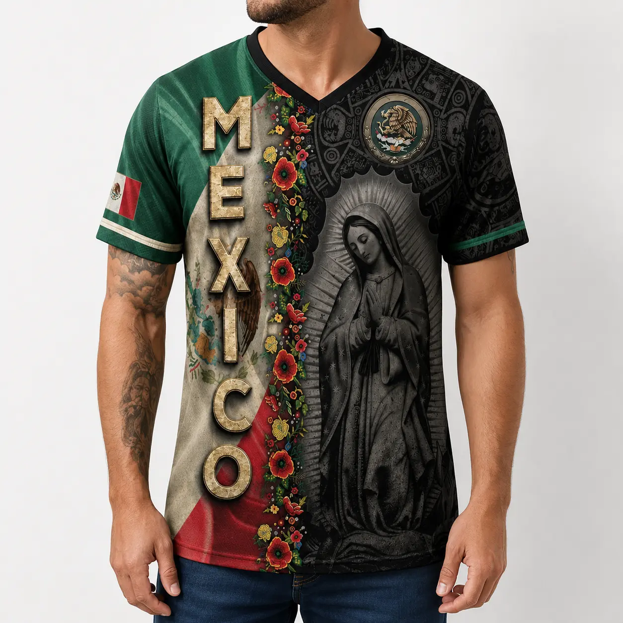 Mexico Guadalupe Graphic V Neck Jersey Shirt, Short Sleeve Unisex Mexican Flag Floral Religious Tee for Men and Women, Summer Streetwear Game Day Top,outfits,men's wear,men fashion,summer men fashion clothes,football jersey,fan jersey,fan cheering
