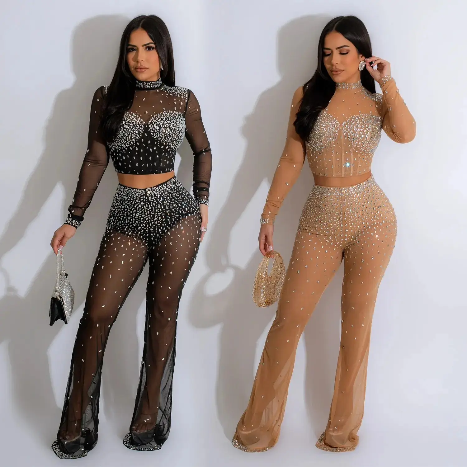 European and American Fashion Women's Solid Color Mesh Rhinestone Long Sleeve Long Pants Two-Piece Set