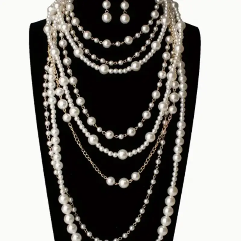 Statement Multi-Layered Faux Pearl Necklace & Dangle Earrings, Necklace And Earring Set, Elegant Jewelry Set for Party & Daily Wear, Trendy Versatile Jewelry for Birthday Gifts for Women #GLOBAL PICKS