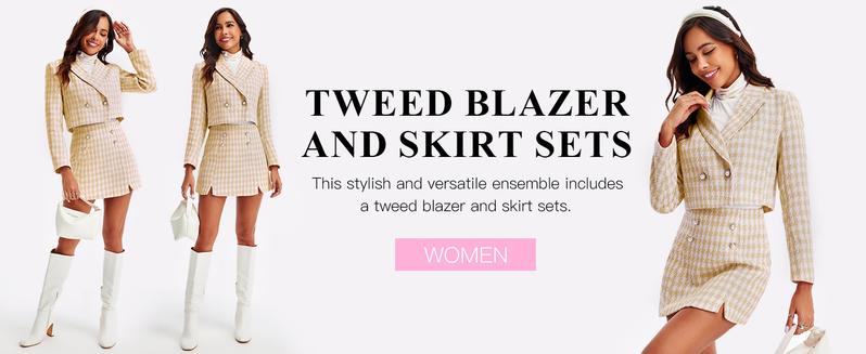 Danedvi Womens Cropped Tweed Blazer Sets 2 Piece Outfits and Mini Skirt Sets Business Casual Suits