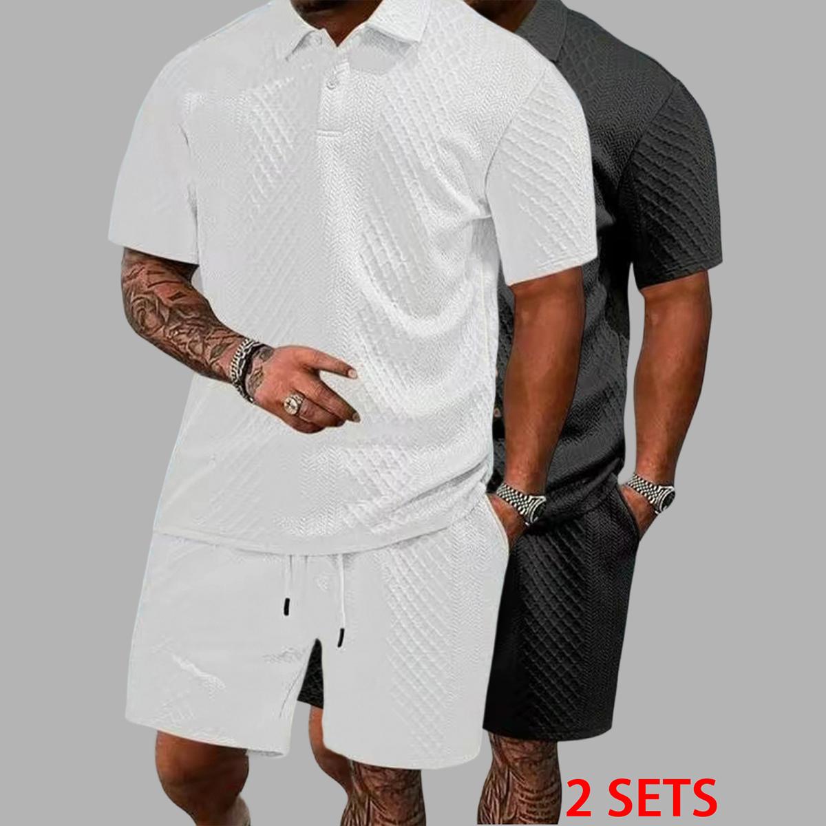 Men's summer casual texture fabric solid color polo shirt T-shirt shorts 2-piece set, loose fit suitable for casual sports, breathable and cool, essential summer outfit, comfortable and versatile  Menswear Plain