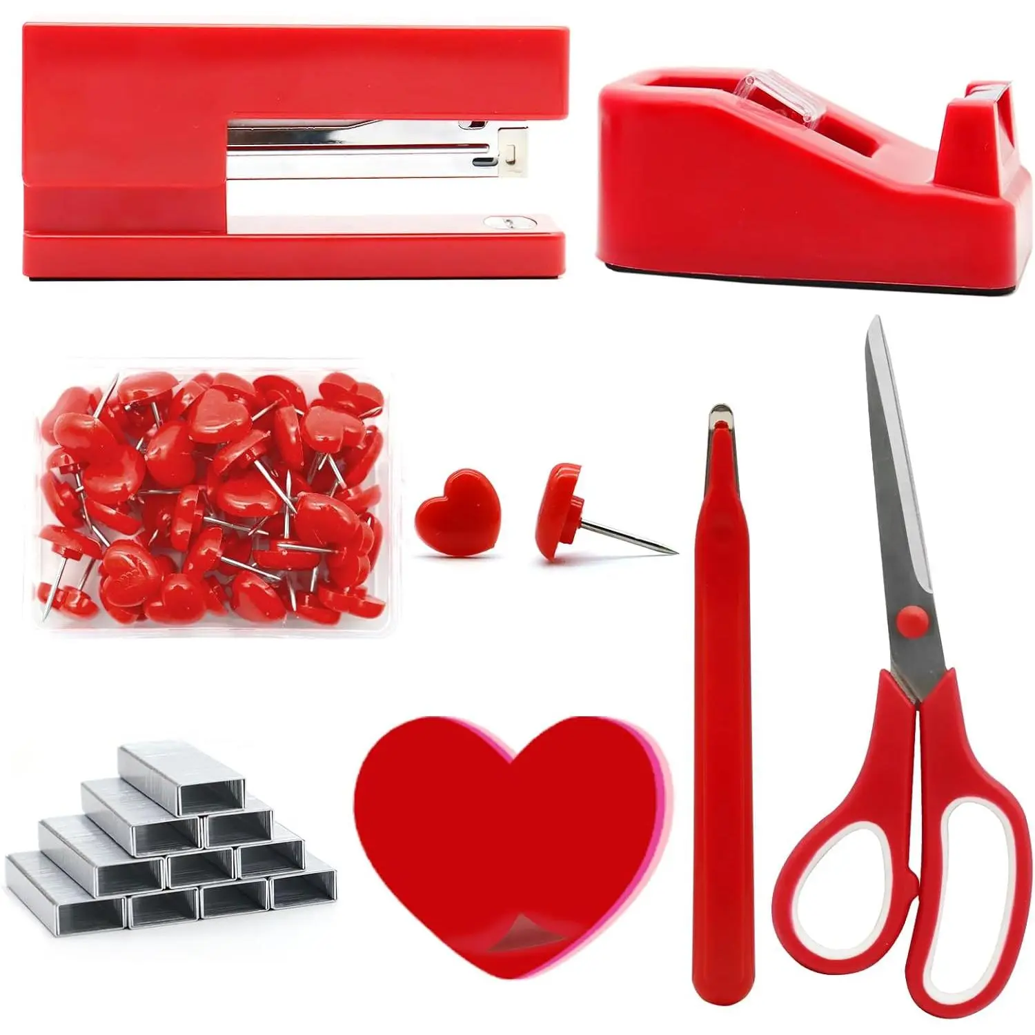 7 count Red Office Supplies, Red Stapler and Tape Dispenser Set for Women | Red Desk Accessories, Non-slip Durable Red Stapler, Office  Essential,  for Women, Coworkers,  lady
