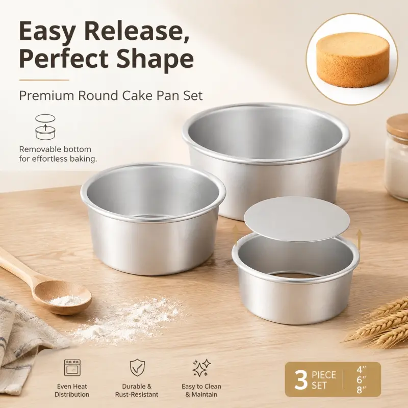 3Pcs Round Removable Bottom Aluminum Cake Pans. Springform design for easy demolding, features even heat conduction, perfect for home baking.