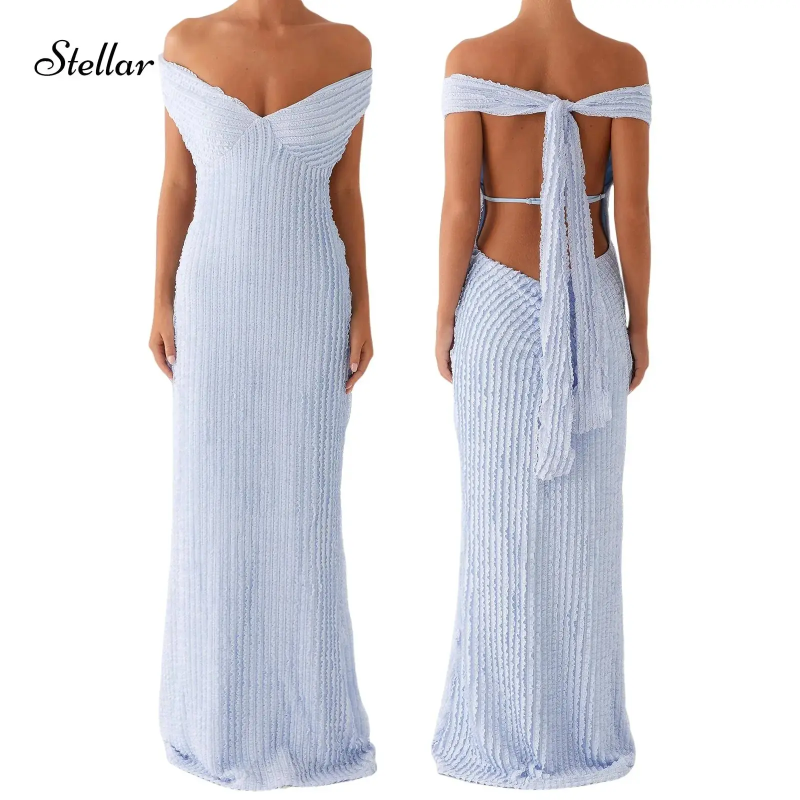 Women's Elegent Bodycon Long Dress Fashion Off Shoulder Tie Back Solid ColorFit Cocktail Dress