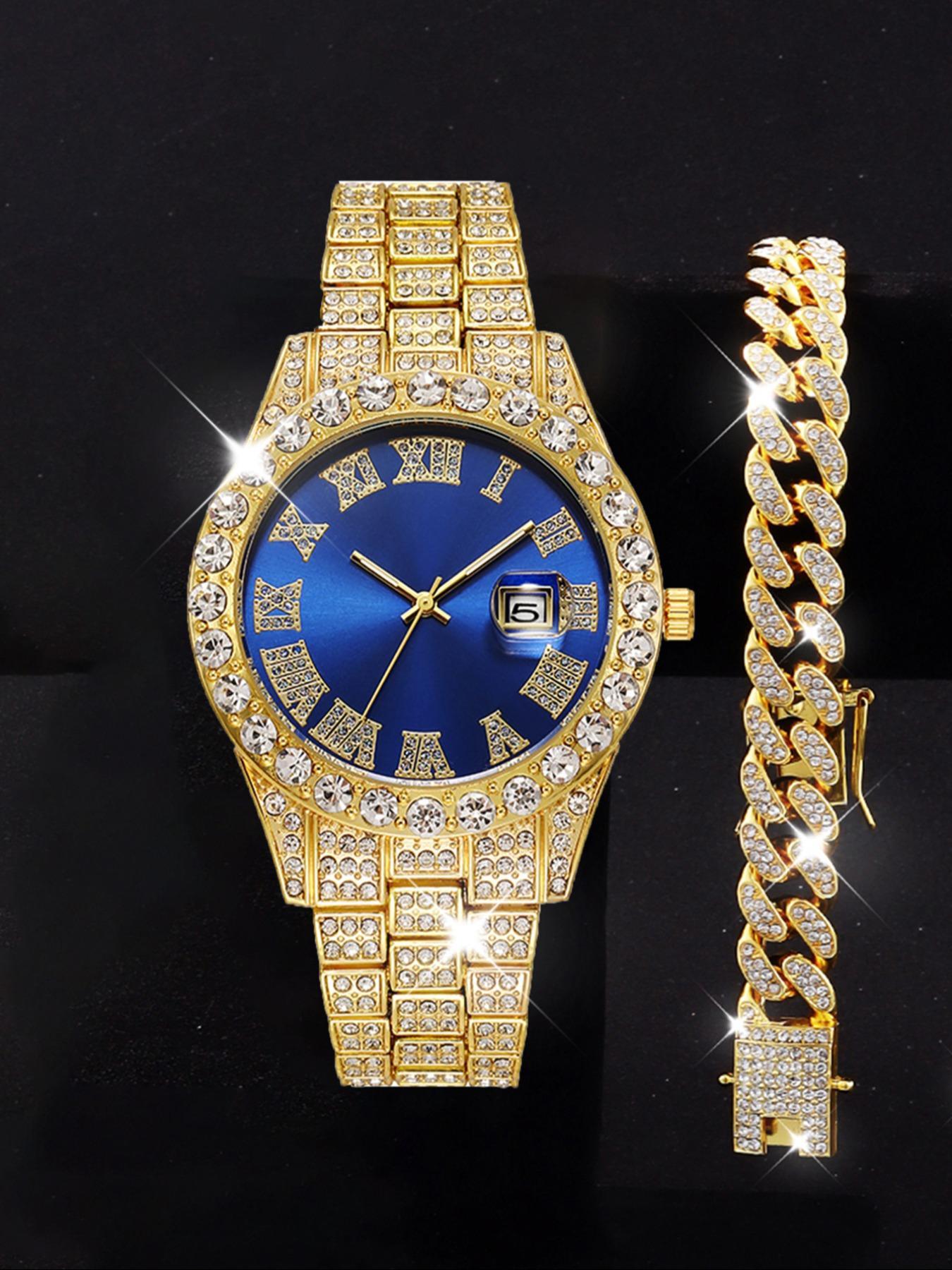 Men's Luxury Rhinestone Decorated Quartz Watch & Jewelry Set, Including Round Dial Watch & Bracelet & Necklace, Fashion Watch Set for Party, Daily Decor Men's Luxury Rhinestone Decorated Quartz Watch & Jewelry Set, Including Round Dial Watch & Bracelet & Necklace, Fashion Watch Set for Party, Daily Decor