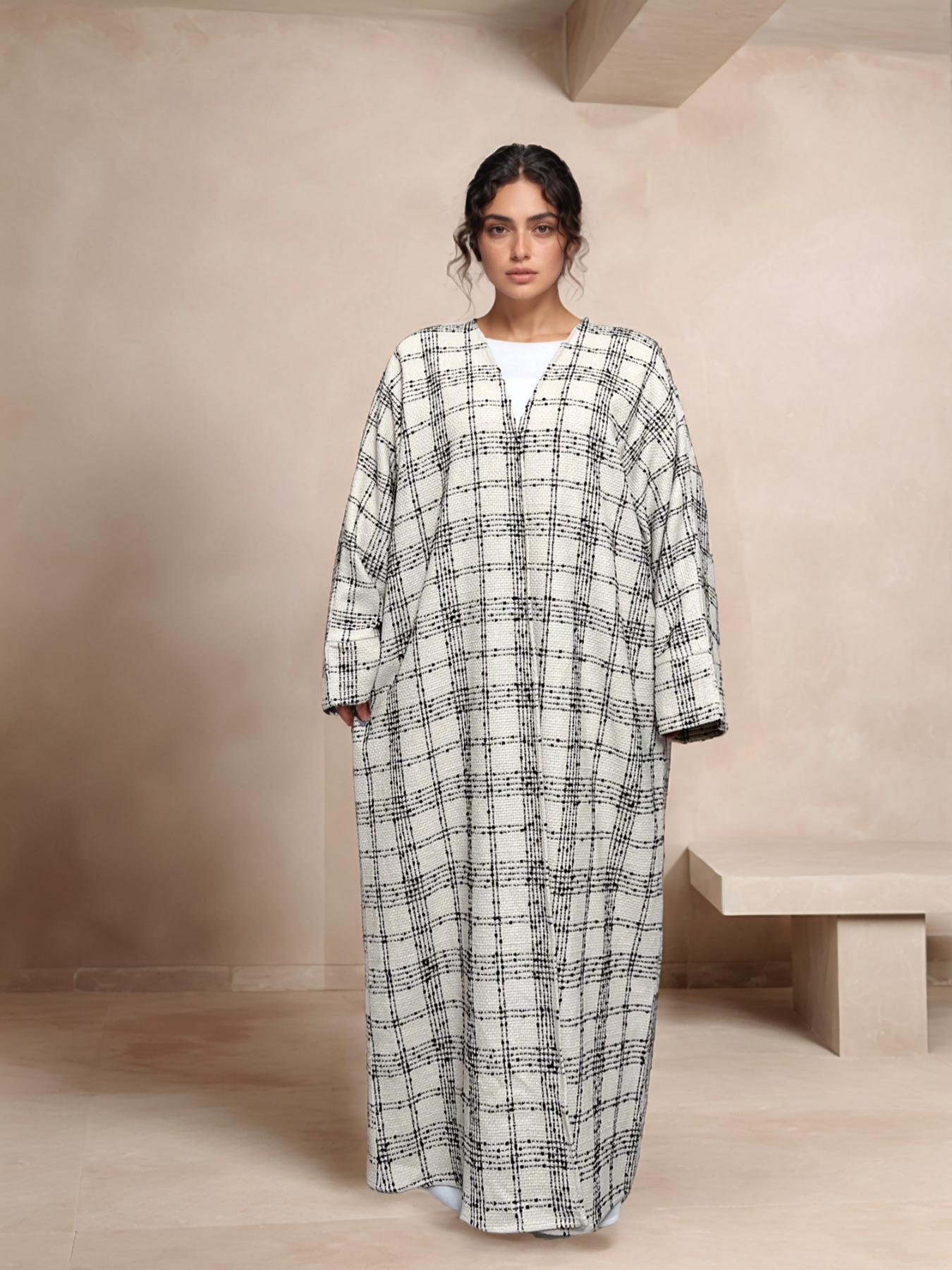 Women's Plaid Print Drop Shoulder Belted Pocket Robe, Casual Long Sleeve Open Front Robe for Fall & Winter, Women's Islamic Clothing for Daily Wear, Modesty Muslim Clothing