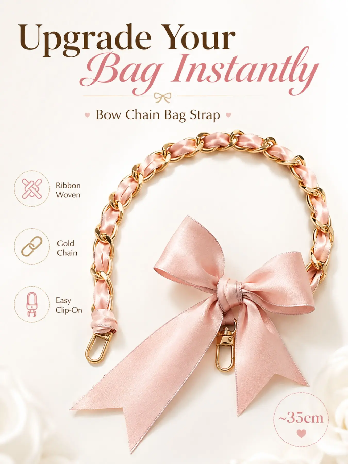 LUVTAG 1PC Bow Chain Bag Charm, Pink Ribbon Woven Gold Chain Purse Charm with Satin Bow & Easy Clip-On, Cute Fashion Accessory for Handbags, Totes & Mini Bags, Gift for Women & Girls, Birthday & Holiday Gift