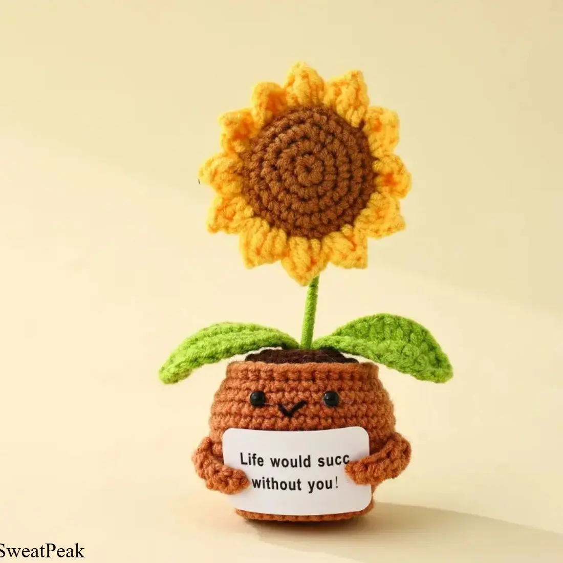 Emotional Support Sunflower Plush, Handmade Crochet Potted Flower Doll with Funny Positive Message Card, Cute Huggable Desk Decor Gift for Women Men, Unique Cheer Up Gift for Friends, Coworkers, Birthday, Office & Home Decoration