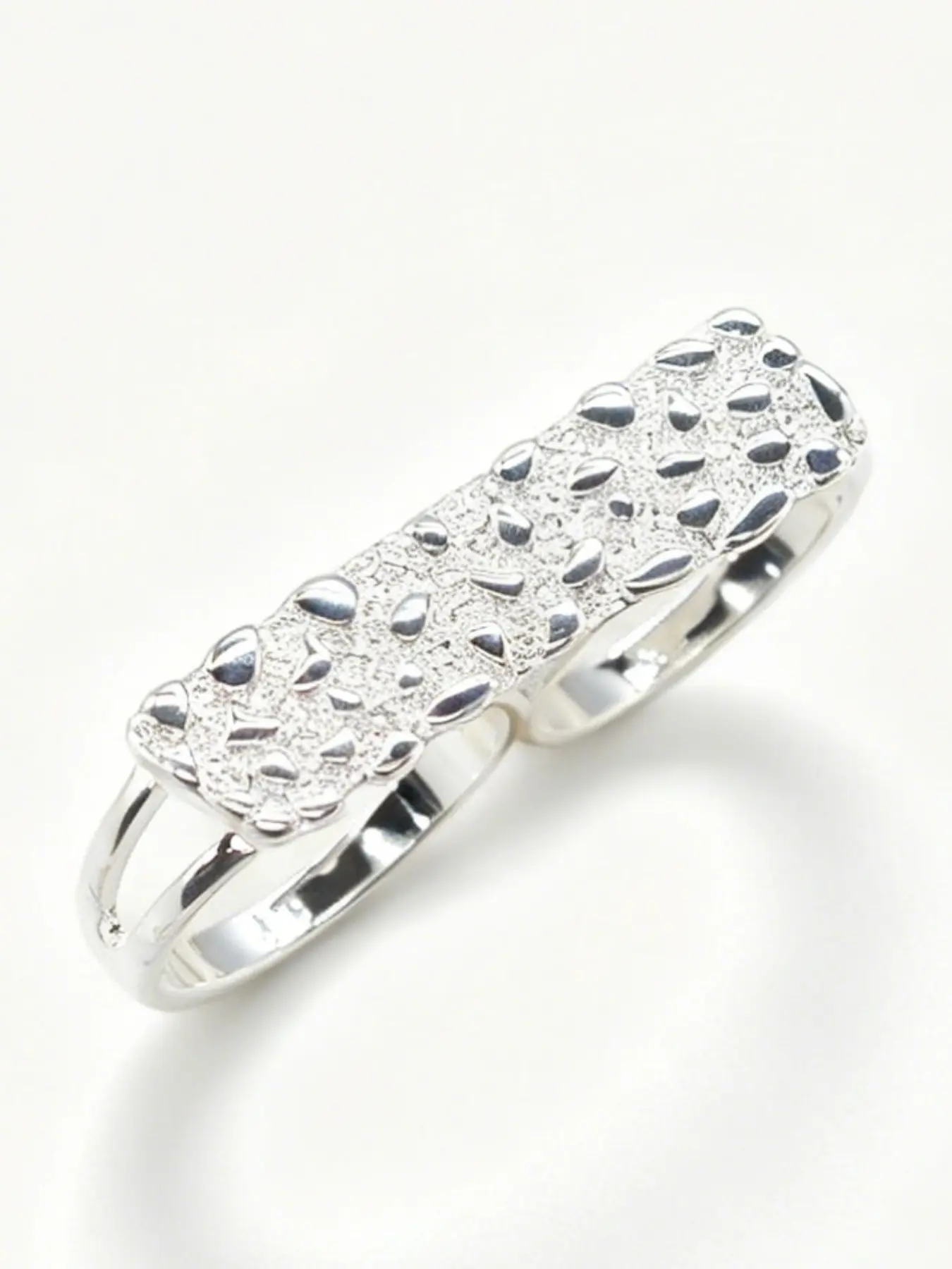 1pc 14k Silver-Plated Korean Style Matte Finish Pebble Water Drop Textured Two-Finger Ring, Fashion Ring, Unisex Long and Wide Face Ring, Ideal for Daily Layering, Outings, Parties, Perfect Gift for Friends' Birthdays as an Accessory Jewelry Rings