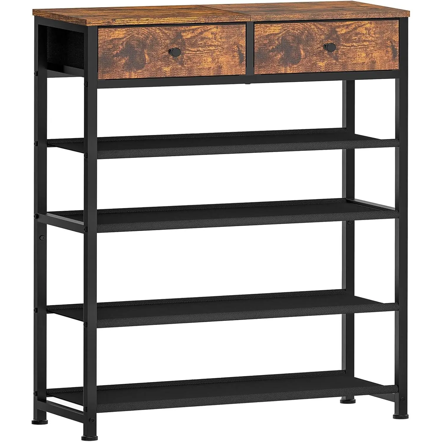 usikey Shoe Rack, 5 Tier Shoe Storage Organizer with 2 Drawers, Metal Shoe Shelf for 12-16 Pairs of Shoes, with 4 Oxford Fabric Shelves and Wooden Top, Shoe Stand for Closet Entryway, Rustic Brown