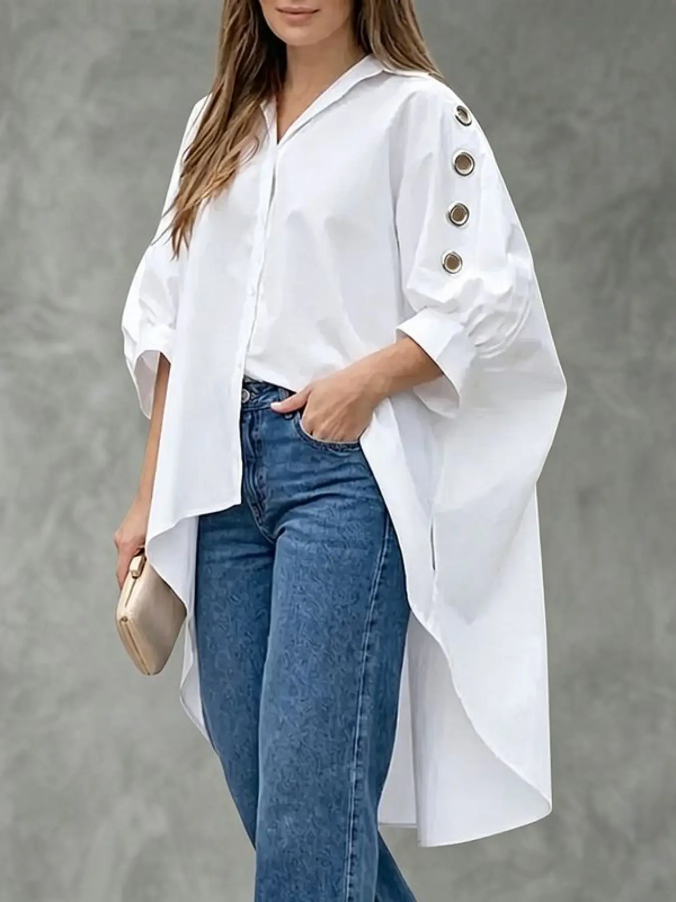 Solid Color Notch Collar Loose Fit Shirt Top, Front Short Back Long Design, Button Details, Hollow Out & Pleated Features, Casual Style