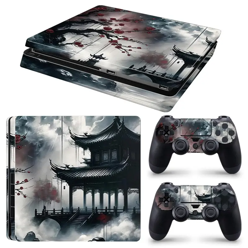 Ink Mist Ancient Pavilion Plum Blossom Chinese Landscape Art Vinyl Skin Cover for PS4 Slim Console and Wireless Controllers, Waterproof, Scratch-Proof & Long Lasting, Removable Without Residue Game Console Decor Sticker