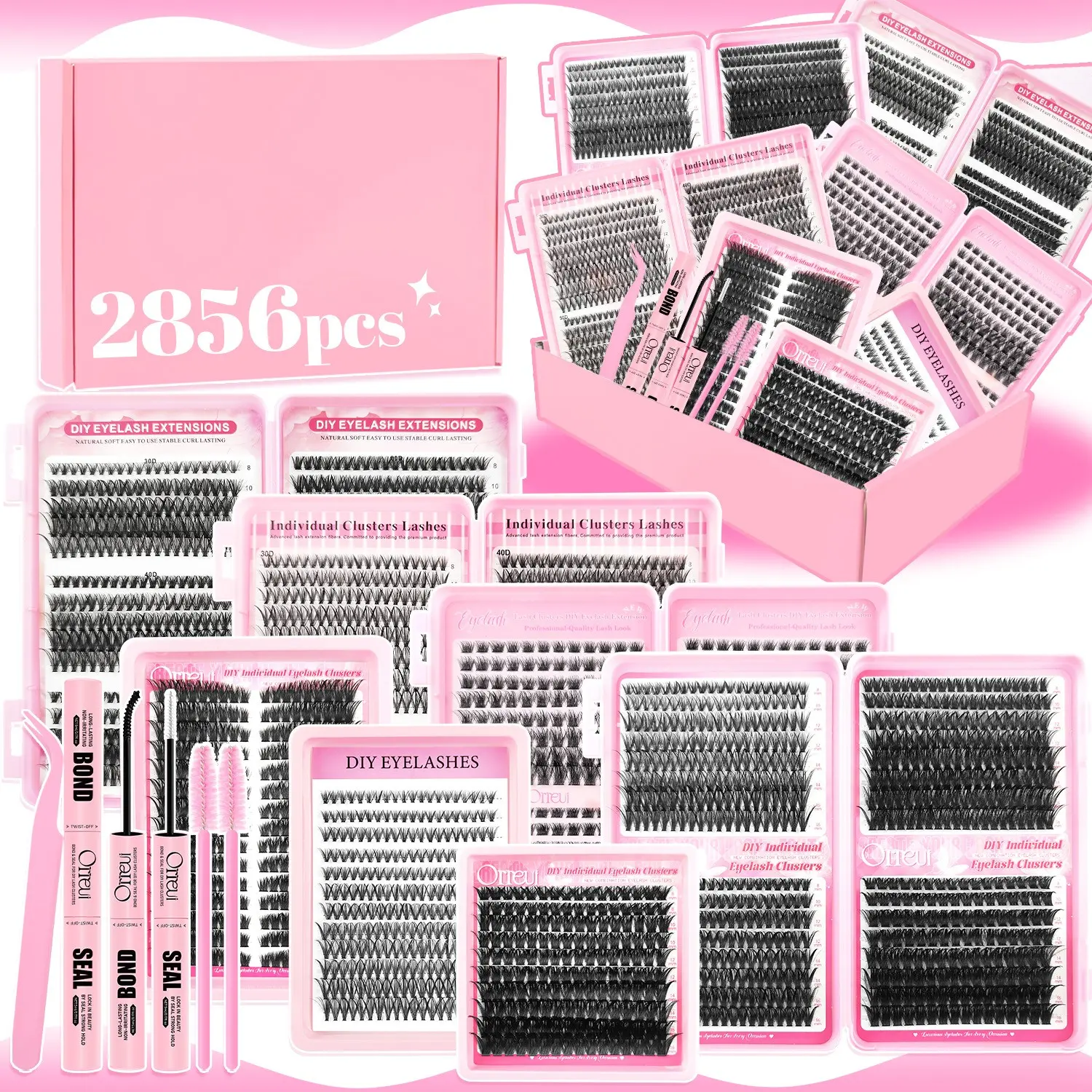 ORREUI 2856 PCS DIY Cluster Lash Extension Kit, Natural Fox Eye Cat Eye Soft Lightweight False Lashes with Bond & Seal, Glue Remover & Tweezers, Large Gift Box, Perfect for Birthday Gift & Daily Surprise, Lightweight Lash Extensions