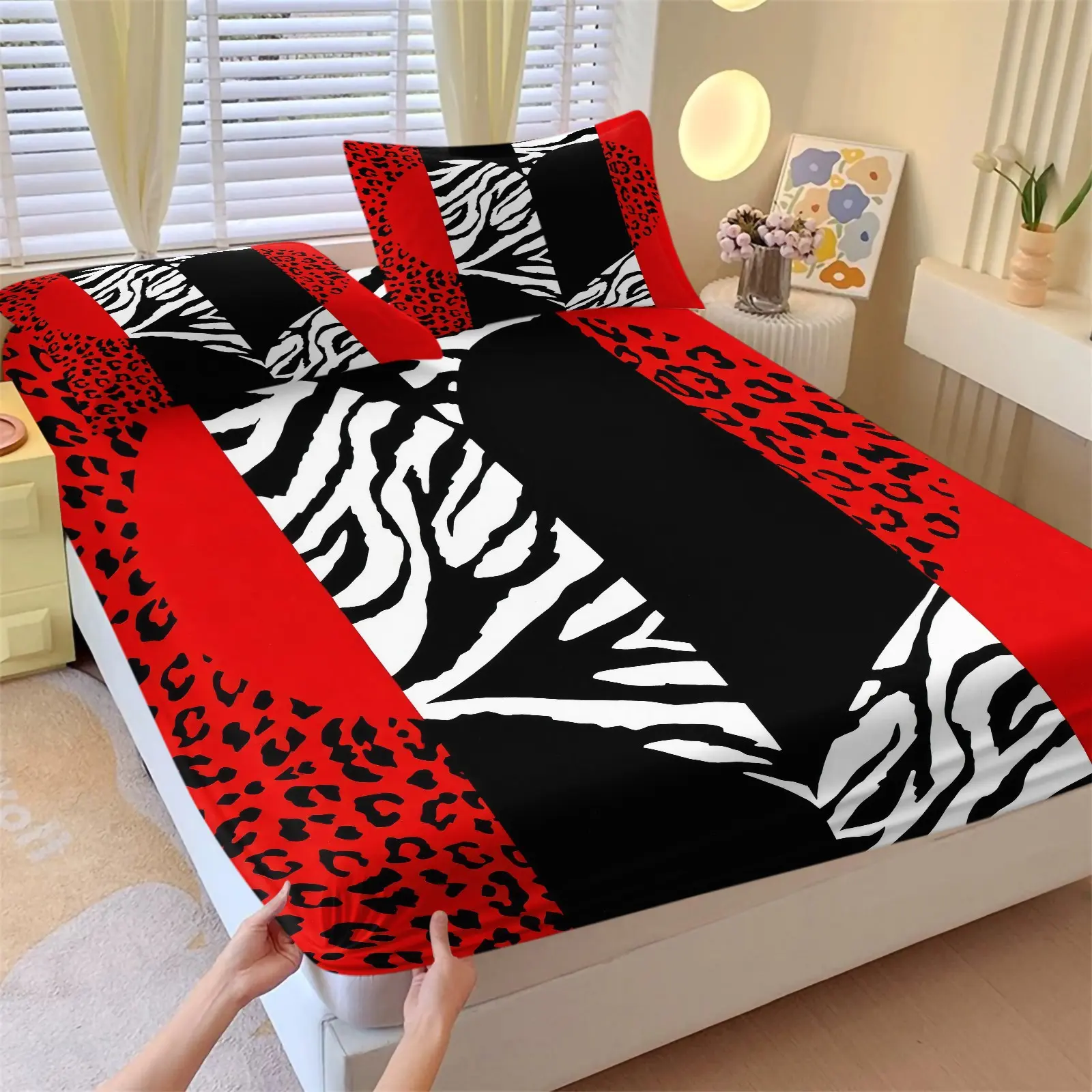 Bold Red Mixed Zebra Leopard Animal Print Fitted Sheet Set, 1 Fitted Sheet & 2 Pillowcase No Filling, Stretch Deep Pocket Bed Sheet Set for Teen Girls Women Dorm Bedroom Apartment Decor