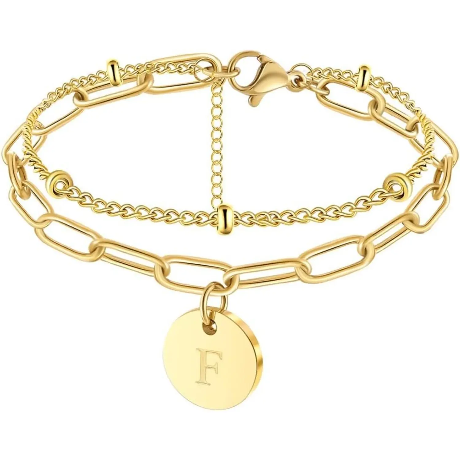 Women's Fashion Initial Charm Stainless Steel Bangle Bracelet - 7-in Chain, 2-in Extender, Adjustable, Hypoallergenic, Lead-Free, Customizable Christmas Gift for Female Adults with Elegant Box for Daily Wear,sohochic