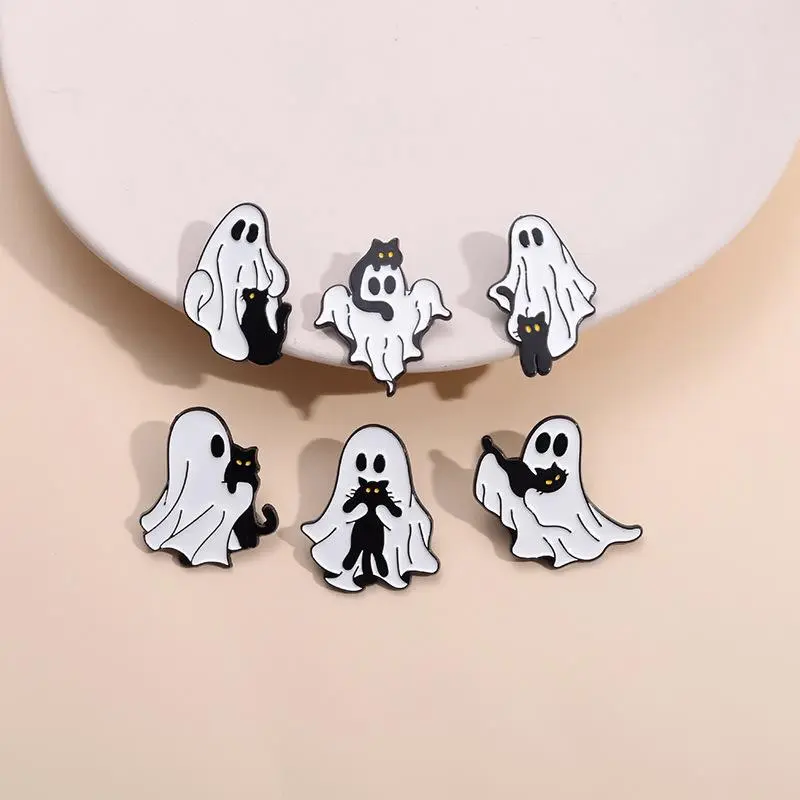 Cute Spooky Ghost & Black Cat Brooch Set – Halloween Enamel Pin, Vintage Metal Lapel Pin for Women, Daily Fashion Accessory, Gift for Her