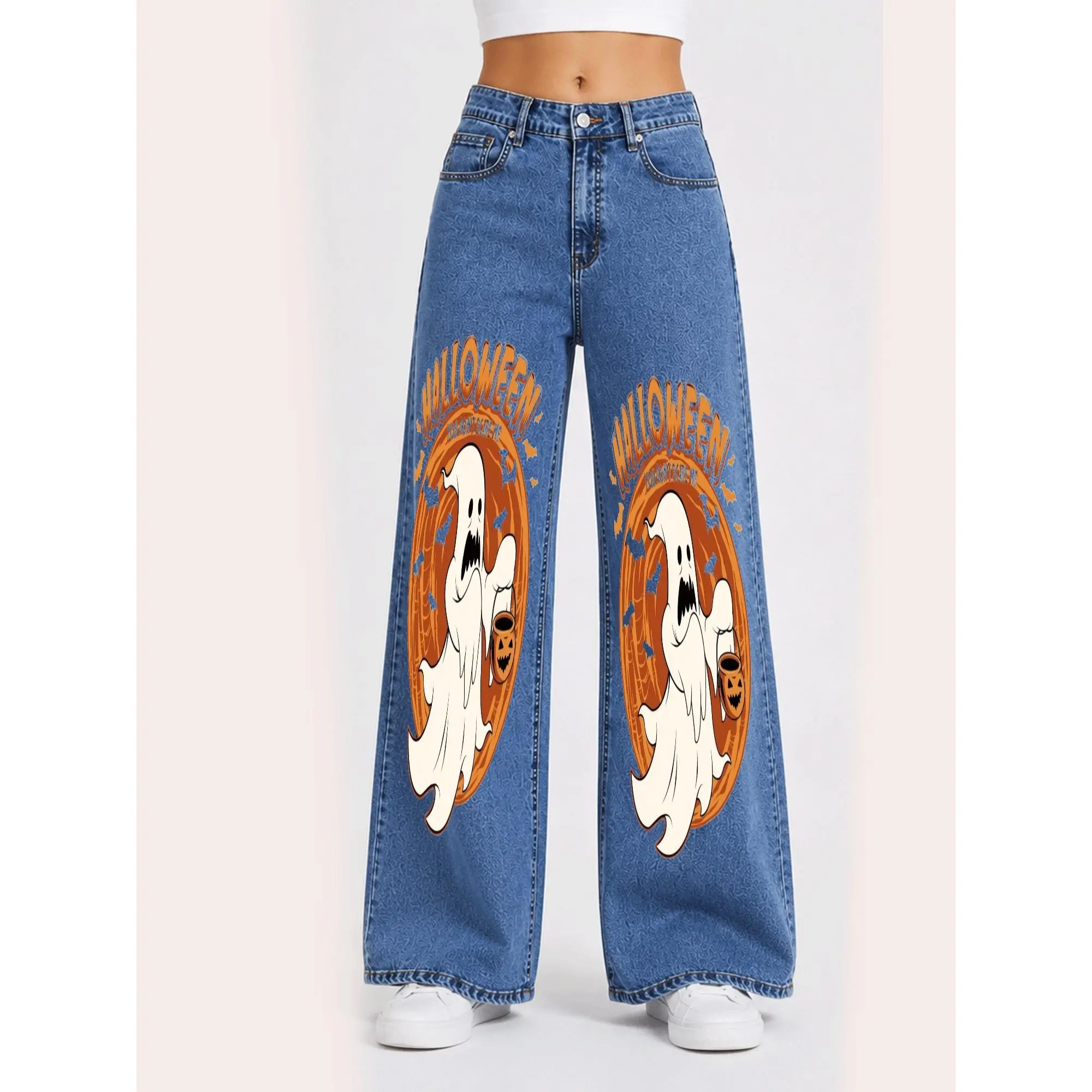 Women Halloween Graphic Printed Skinny Jeans, High Waist Stretch Denim Pants, Spooky Horror Pumpkin Ghost Skull Pattern Slim Fit Casual Jeans For Halloween Party Streetwear