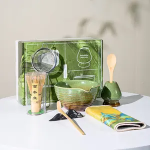 Ceramic Matcha Bowl Set,A Premium,Full Ceremonial-Grade Matcha Set that Includes A Bamboo Whisk, A Spouted Matcha Bowl, A Matcha Spoon, A Matcha Sifter, and A Matcha Stand. Perfect for Making Breakfast Drinks or Lattes.