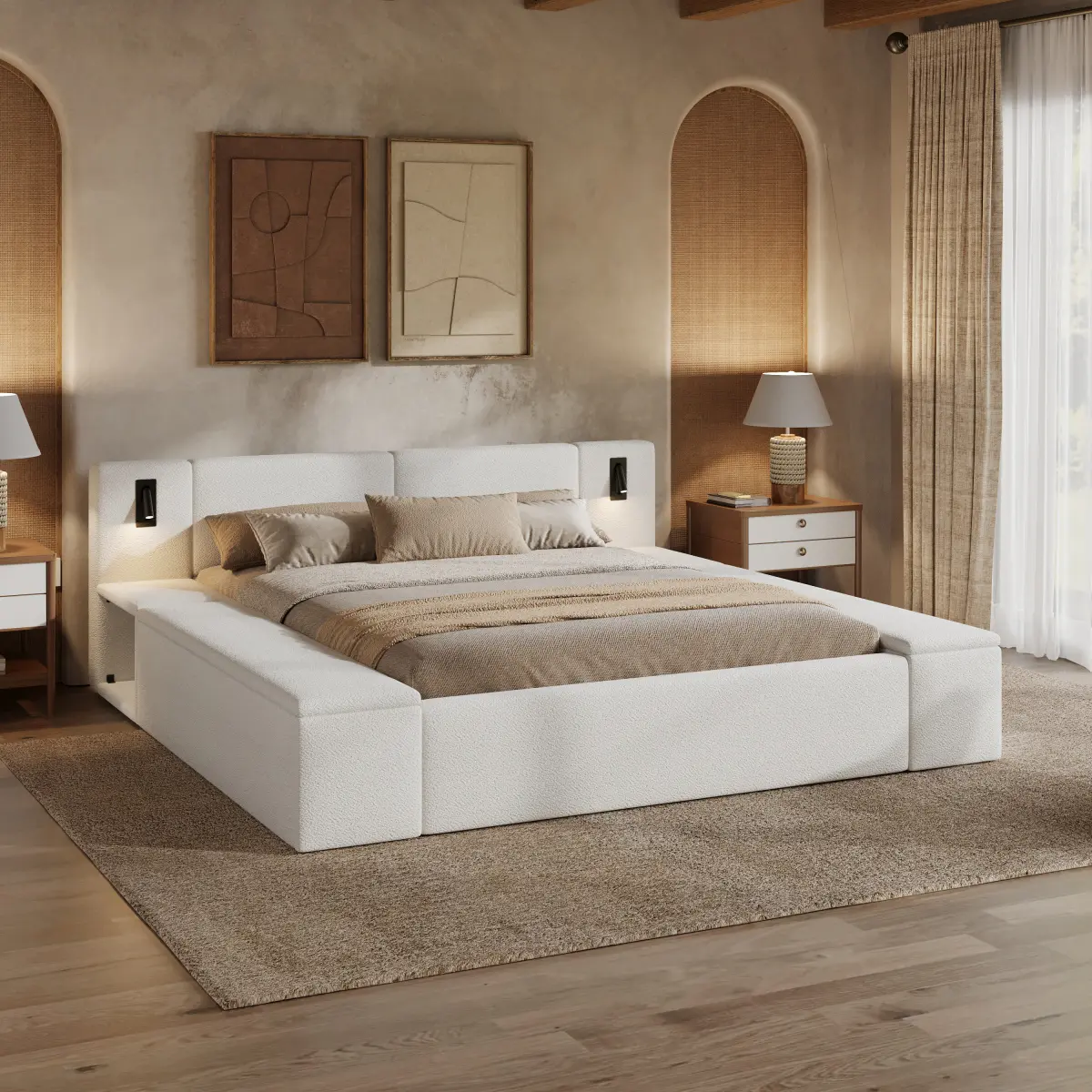 [Bellemave]Queen/King Size Teddy Fleece Upholstered Platform Bed Frame with Massive Hidden Storage, Modern Bouclé Fabric Bed with Built-in Nightstands & LED Reading Lights, Wood Slats, No Box Spring Needed, White    RR