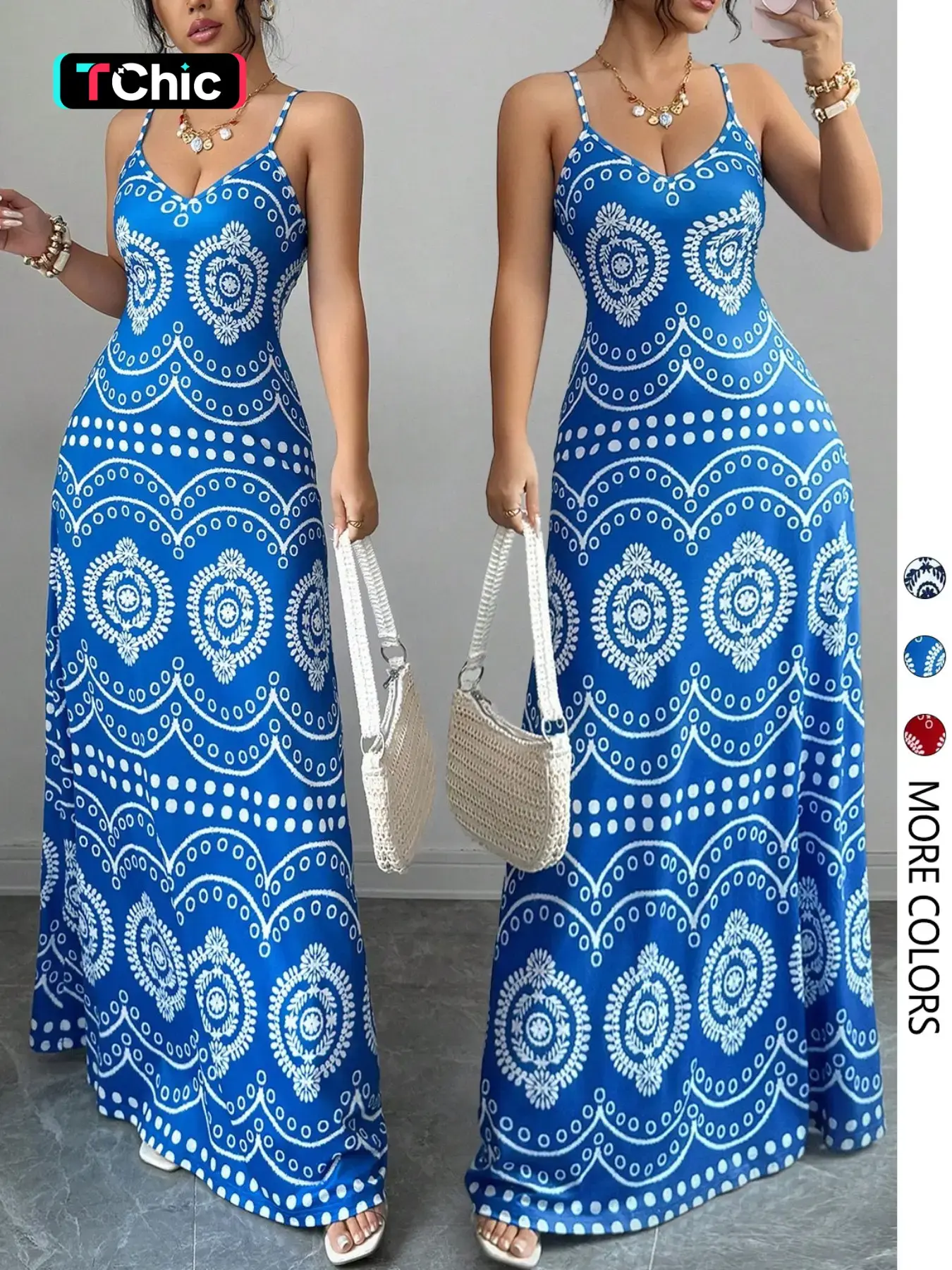 Women's Elegant Fashion Print Halter V-Neck Dress, Stylish Summer Casual Feminine Wear, Perfect for Parties and Daily
