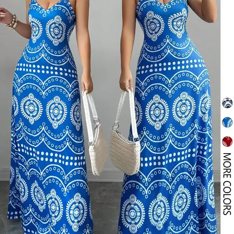 Women's Elegant Fashion Print Halter V-Neck Dress, Stylish Summer Casual Wear, Perfect for Parties and Daily, Boho Printed Dress