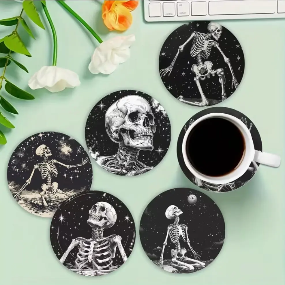 6PCS Black & White Skull Wooden Coaster Set, Non-Slip Heat-Resistant Drink Coasters for Coffee, Dining Table, Gothic Home Decor & Halloween Gift，halloween  decoration