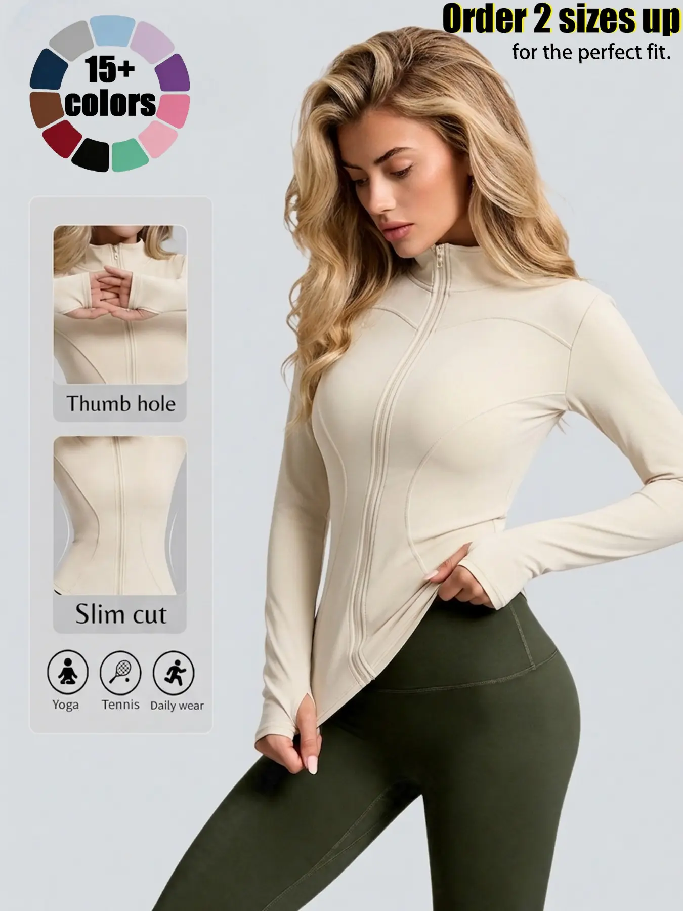 Women High Stretch Stand Collar Thumb Hole Slim Fit Workout Jacket, Breathable Running Yoga Top, Long Sleeve Sportswear for Spring Fall, Thumbhole Jacket