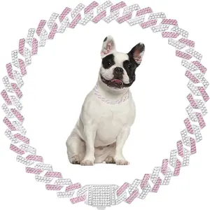 Pink Bling Cuban Link Dog Collar Sparkly Diamond Rhinestone Chain Glitter Female Kitten Puppy Collars for Small Medium Large Pets 18 Inch