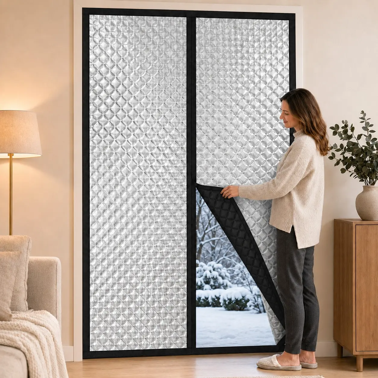 Thick Magnetic Insulated Door Curtain, Winter Windproof Cold Barrier, Automatic Closure, Sunblock Noise Reduction, for Bedroom Balcony Doors