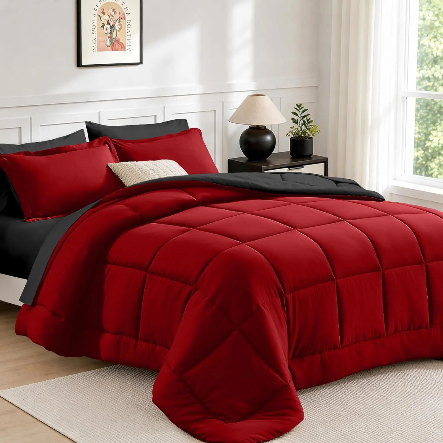 King Size Comforter Set 7 Pieces, Reversible Bedding Sets with All Season Comforter, Bed in a Bag King Includes Comforter, Flat Sheet, Fitted Sheet, Pillowcases & Shams, Red & Black
