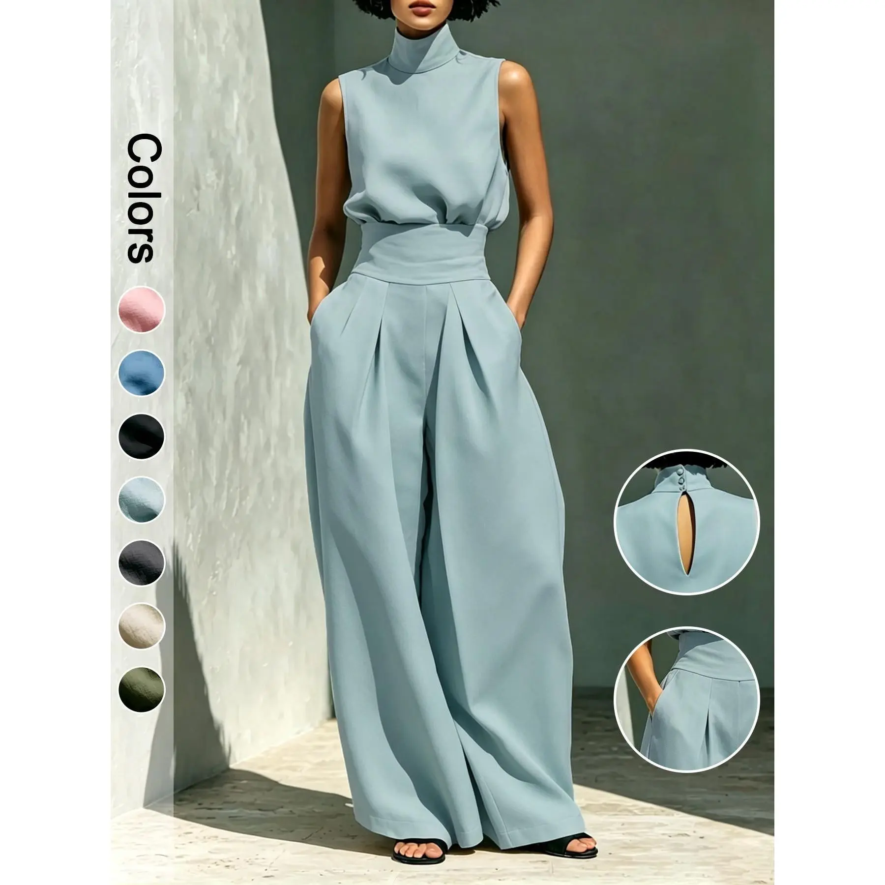 Women's High-Neck Sleeveless Top and High-Waist Wide-Leg Pants Two-Piece Set, Elegant Chic Formal Outfit for Fashionable Ladies