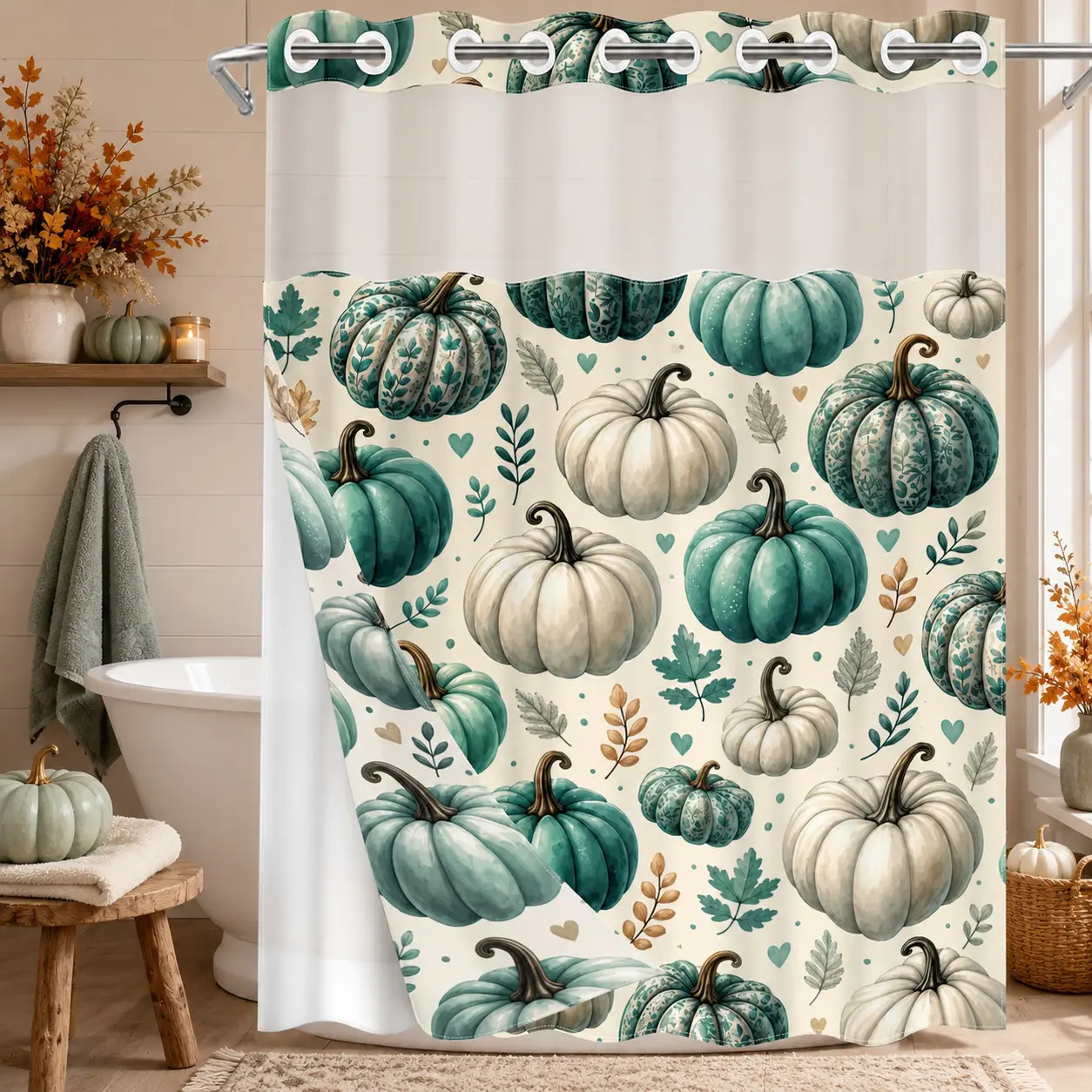 1PC 2D Flat Teal & White Pumpkin, Autumn Leaf & Heart Pattern Double-Layer Woven Shower Curtain, No Hooks, Transparent Top Window, Removable Snap-On Liner, Modern Farmhouse Bathroom Art Decor, Thanksgiving & Holiday Decoration