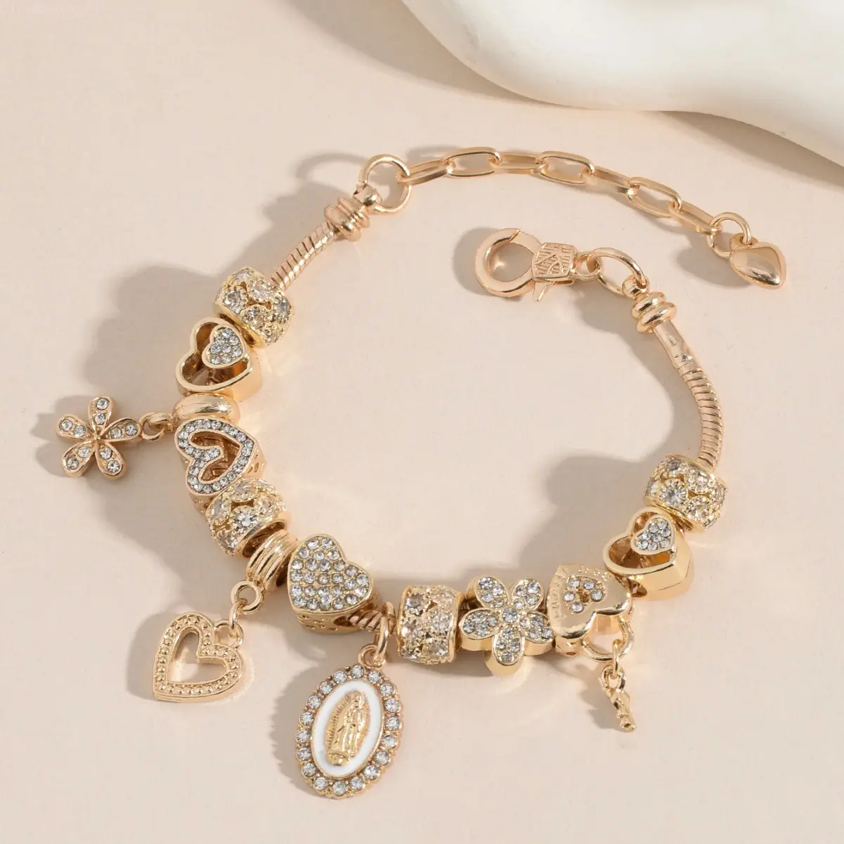 Women's Beaded Bracelet, Boho Gold Plated Christian Accessories with Virgin Mary, Rhinestone Heart, Flower, Key & Lock Charms, Religion, Virgin Mary Necklace, Flowers, Beads, Bracelets, Necklaces For Women, Christian Gift, Heart Flowers