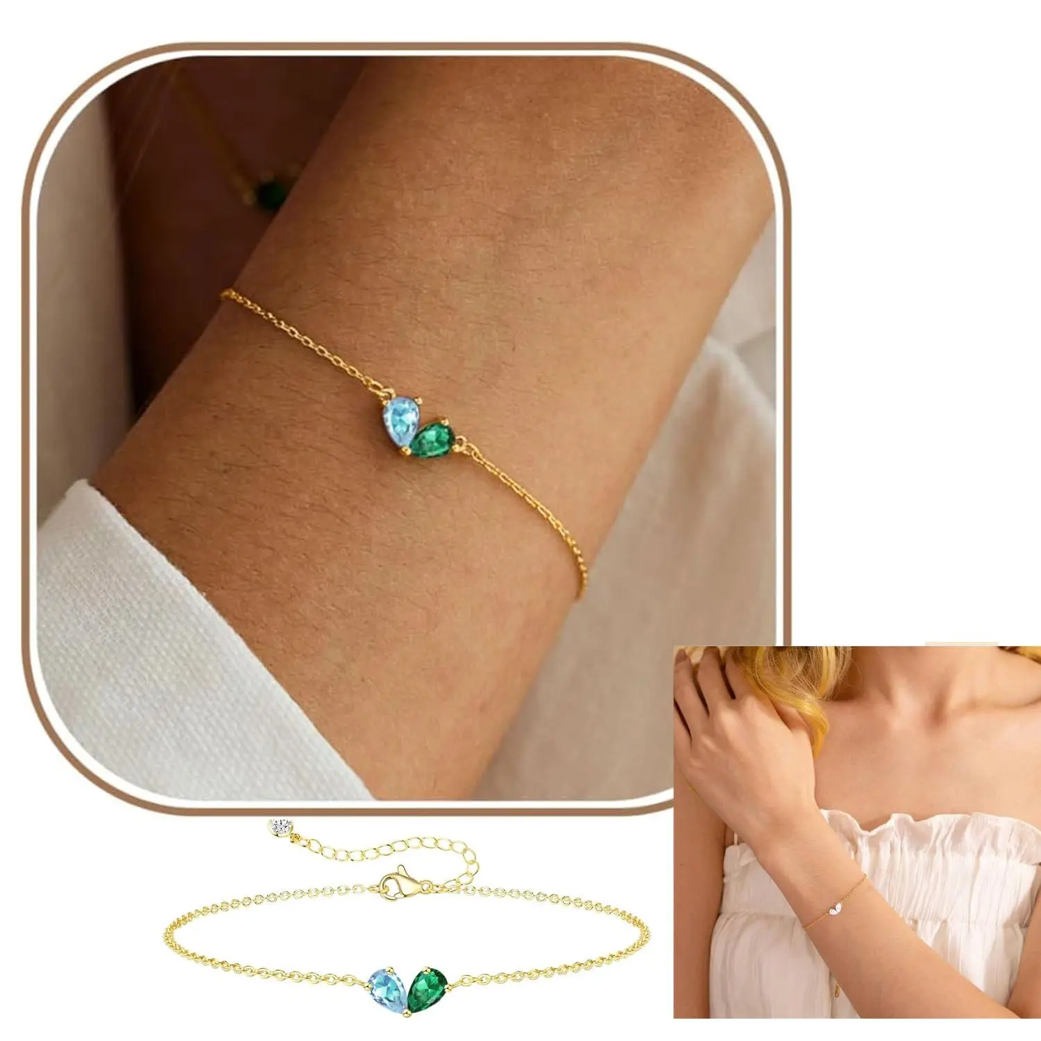 14K Gold Plated Dainty Heart Bracelet, 2 Birthstones Red CZ Charm Non Tarnish Adjustable Delicate Jewelry, Fashion Stackable Gold Bracelets, Anniversary Birthday Gift for Bridesmaid Mother Daughter Women