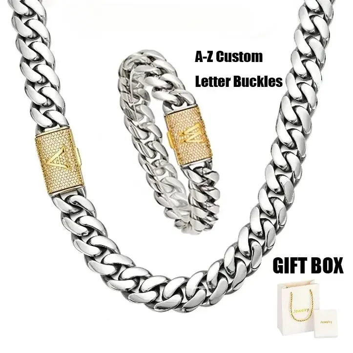 Custom A–Z two-tone Cuban chain set: 14 mm silver chain with gold letter clasp • Oxidation-resistant, shower-safe stainless steel • Personalized hip-hop style graduation ceremony party jewelry timeless shine anniversary valentine birthday gift