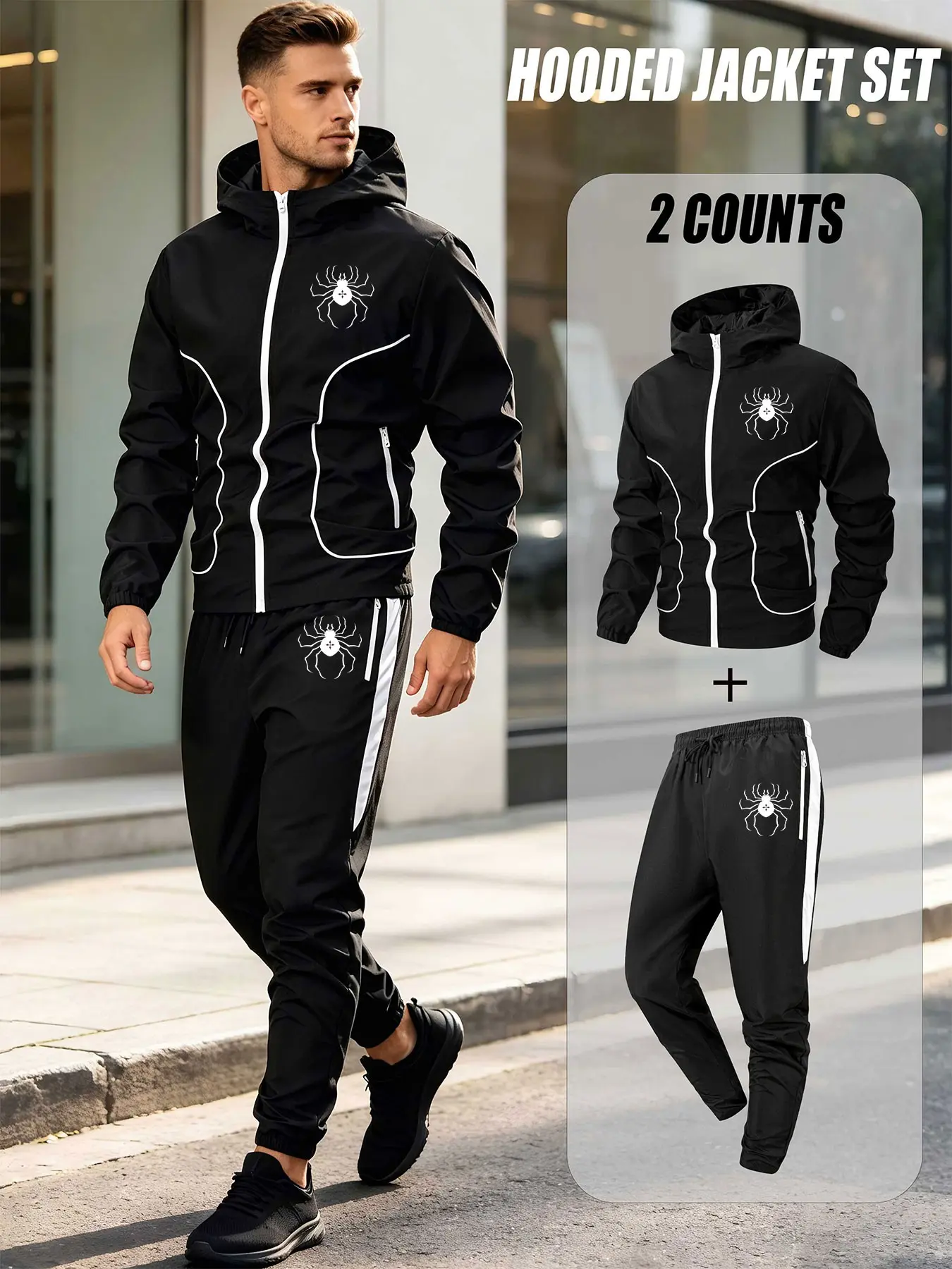 Men'S 2pcs Tracksuit Set with White Contrast Piping, Hooded Full-Zip Windbreaker Jacket with Zipper Side Pocket, Quick-Dry Athletic Jogger Pants with Adjustable Drawstring Ankle Cuffs, Lightweight Windproof Casual Running Training Sweatsuit.